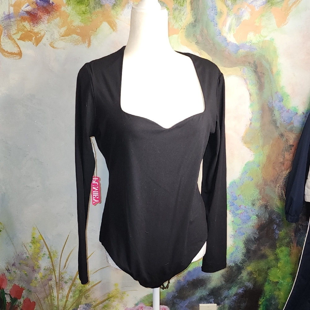 Black Fitted Long Sleeve Bodysuit with Bustier Style
